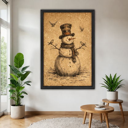 Vintage snowman and birds canvas wall art in a black frame beside leafy plants and wooden tables.
