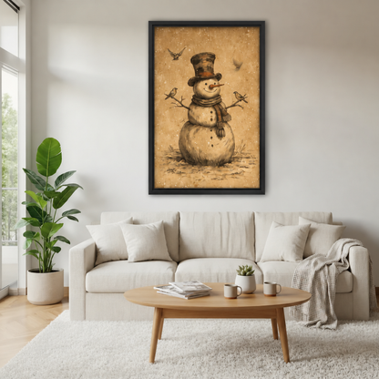Framed vintage snowman and birds canvas wall art above a cream sofa and oval wooden coffee table.