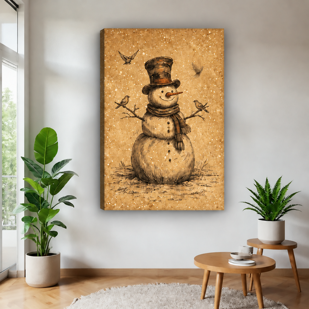 Gallery-wrapped vintage snowman and birds canvas wall art in warm sepia tones near a bright window and plants.