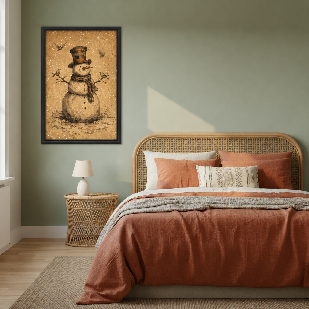 Vintage snowman and birds canvas wall art beside a rattan bed with terracotta bedding against a sage wall.