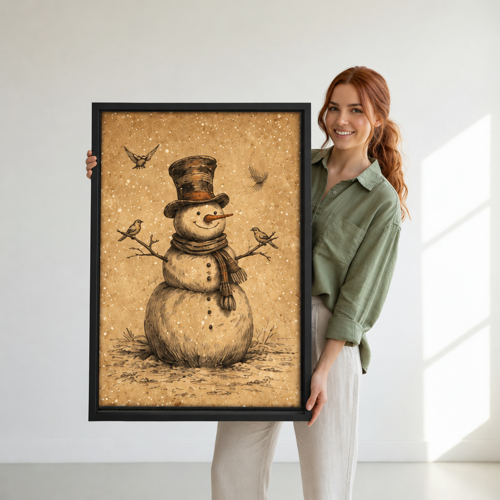 Woman holding black-framed vintage snowman and birds canvas wall art featuring a top hat and falling snow.