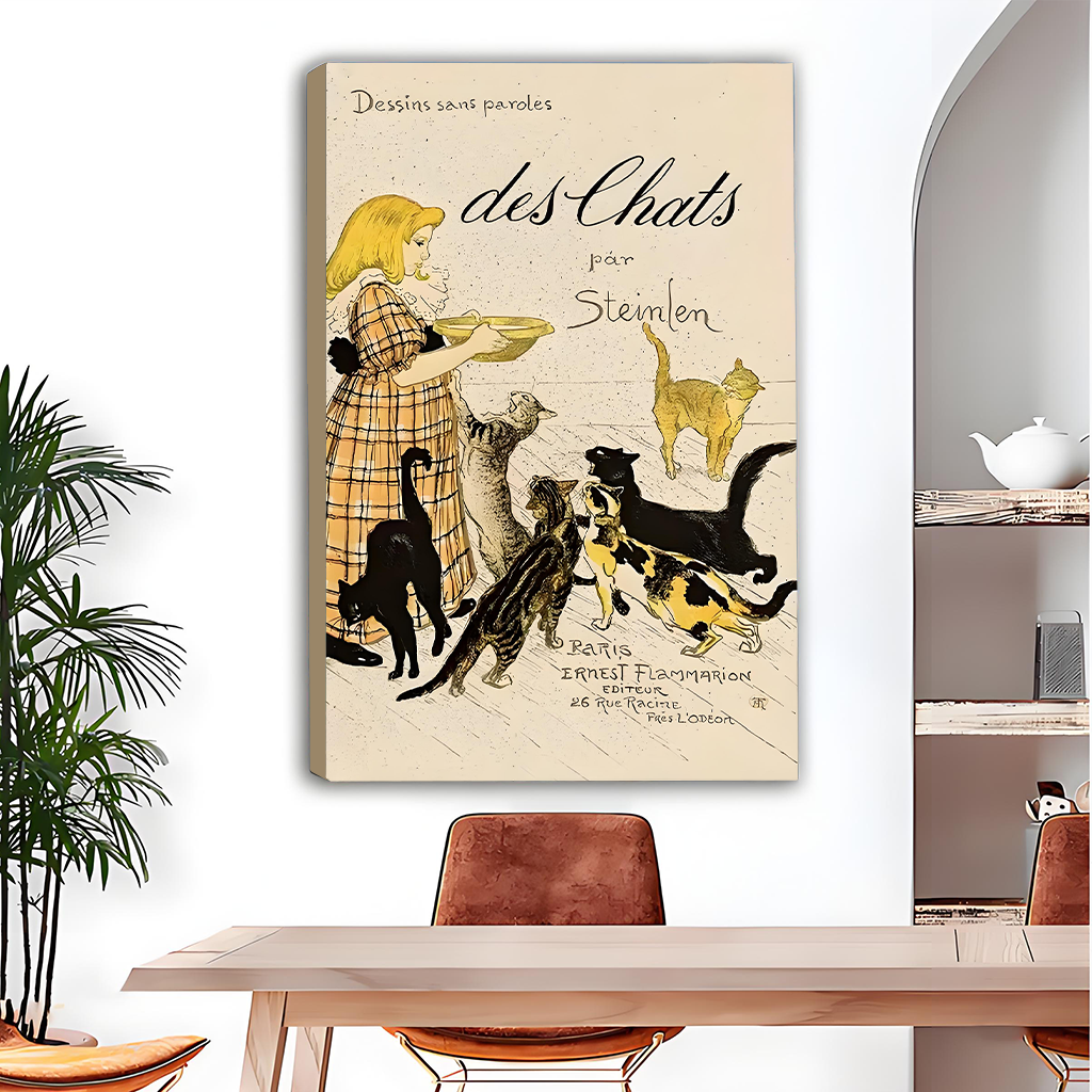 Vintage Steinlen cat canvas print wall art mounted beside an arched alcove shelf