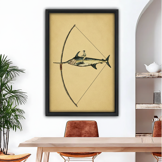Vintage etching swordfish archer canvas wall art fine black linework detail on parchment background
