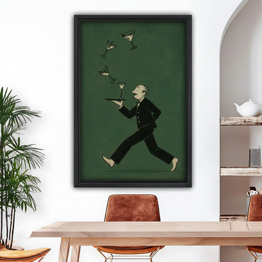 Vintage illustration waiter running with martini glasses flying off tray framed wall art above wooden dining table, humorous retro bar canvas for dining room