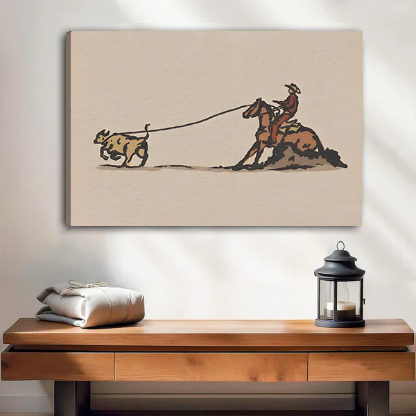 Unframed vintage western cowboy roping canvas print hanging on a neutral wall