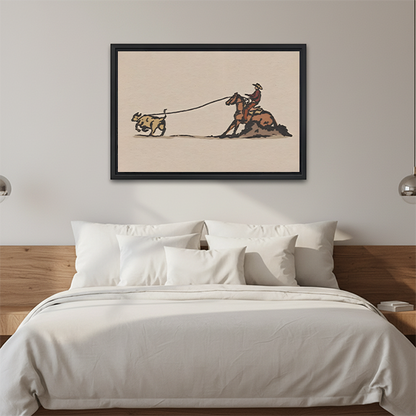 Framed vintage western cowboy roping wall art hanging above a bed in a modern bedroom