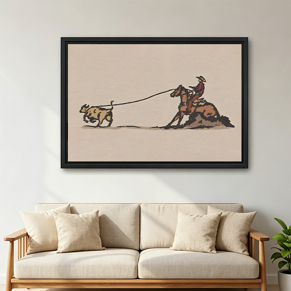 Framed vintage western cowboy roping canvas wall art above a neutral linen sofa in living room