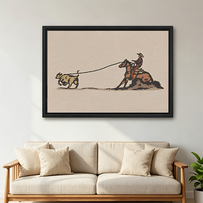 Framed vintage western cowboy roping canvas wall art above a neutral linen sofa in living room