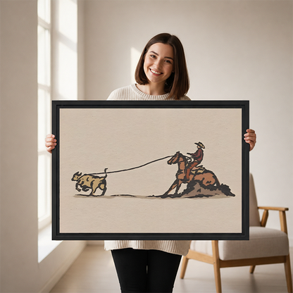 Woman holding framed vintage western cowboy roping art print to show size reference