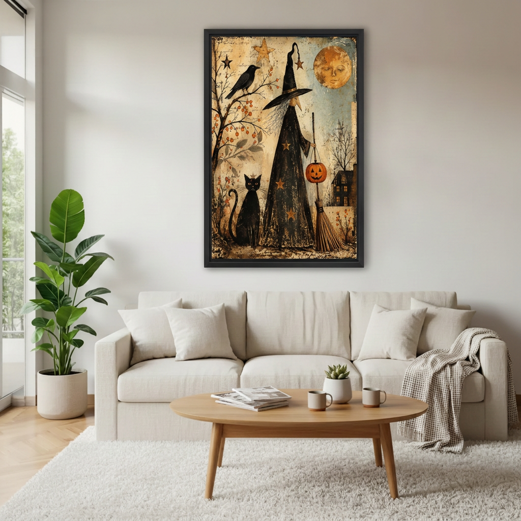 Vintage witch and black cat canvas wall art in a black frame above a cream sofa and wooden coffee table.