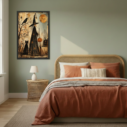 Moonlit blackbird canvas wall art in a black frame on a sage green bedroom wall beside a rattan bed.