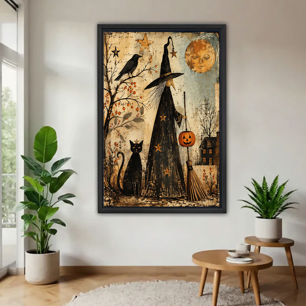 Framed vintage witch and black cat canvas wall art displayed beside a window between green plants.