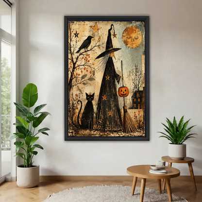Framed vintage witch and black cat canvas wall art displayed beside a window between green plants.