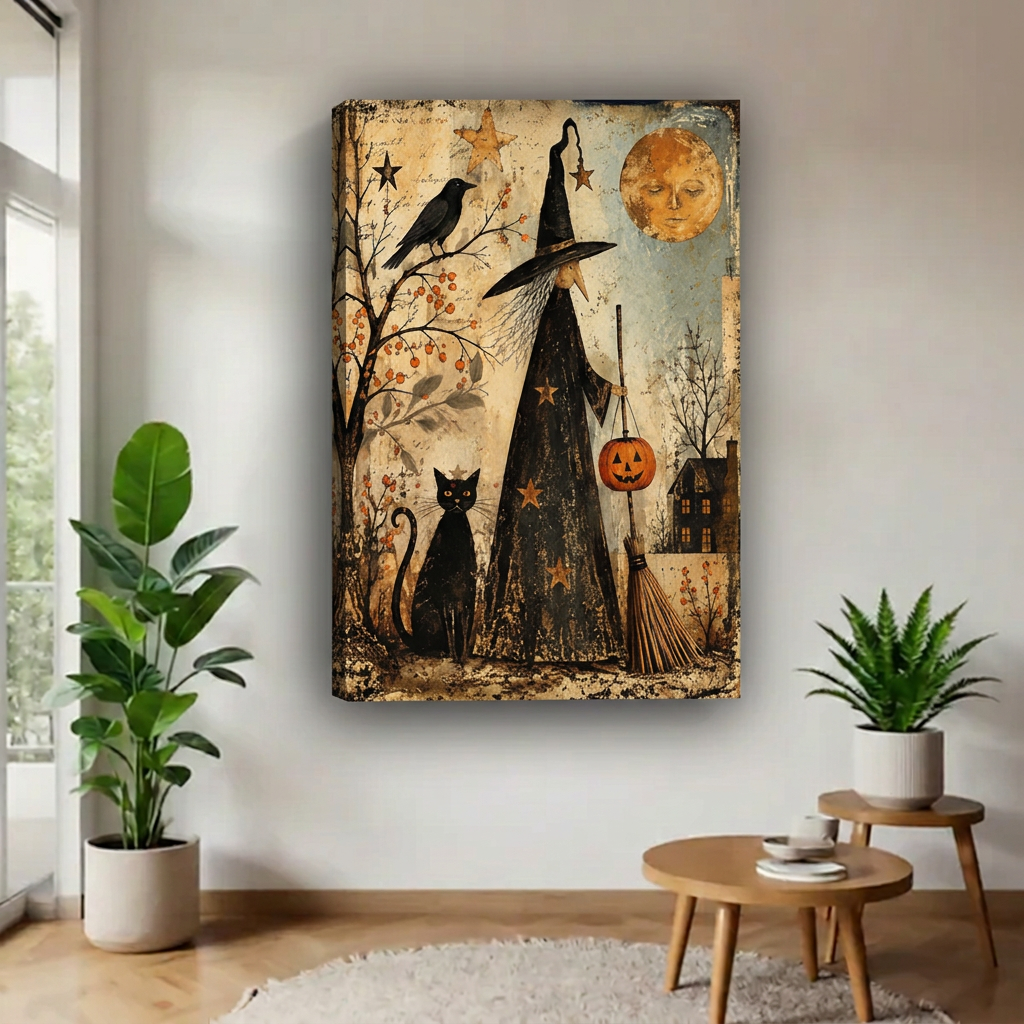 Vintage witch and black cat canvas wall art without an outer frame, featuring a pumpkin lantern and golden moon.