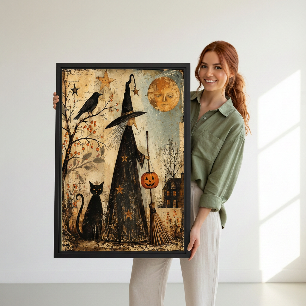 Woman holding framed vintage witch and black cat canvas wall art with stars, a broom, and pumpkin lantern.