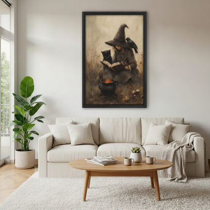  Black-framed vintage witch canvas wall art above a cream sofa with a wooden coffee table nearby.