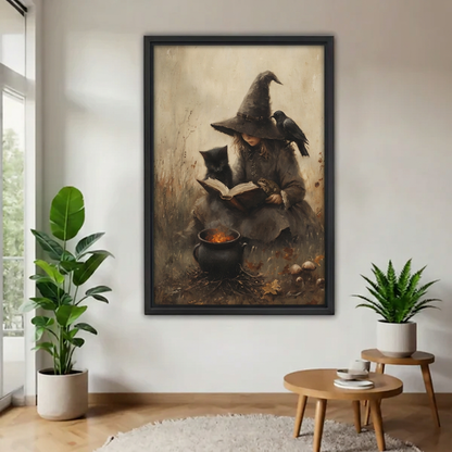Vintage witch canvas wall art in a black frame beside leafy plants and round wooden tables.