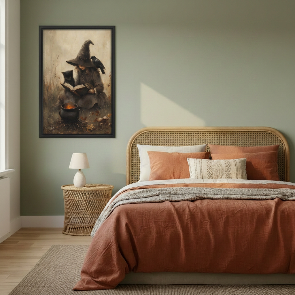 Framed vintage witch canvas wall art above a wicker nightstand beside a bed with terracotta bedding.
