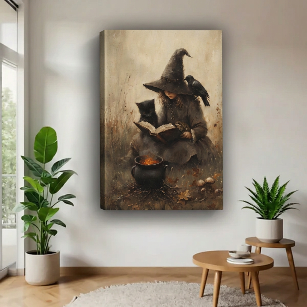Gallery-wrap vintage witch canvas wall art displayed without an outer frame in a bright room with plants.