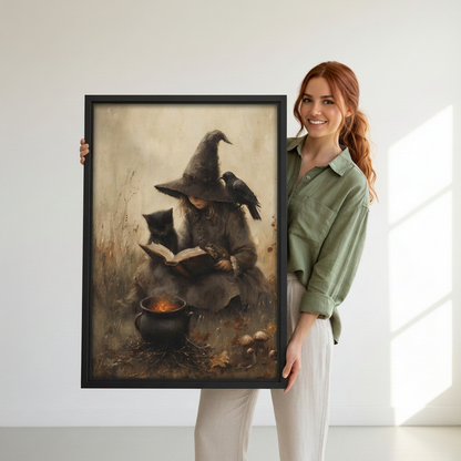 Woman holding black-framed vintage witch canvas wall art featuring a black cat, raven, and glowing cauldron.