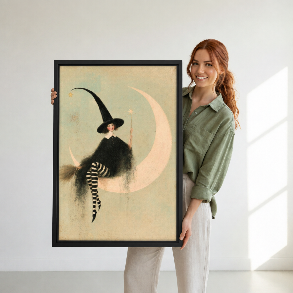 Woman holding vertical framed canvas of vintage witch in tall black pointed hat and striped stockings sitting on crescent moon with magic wand
