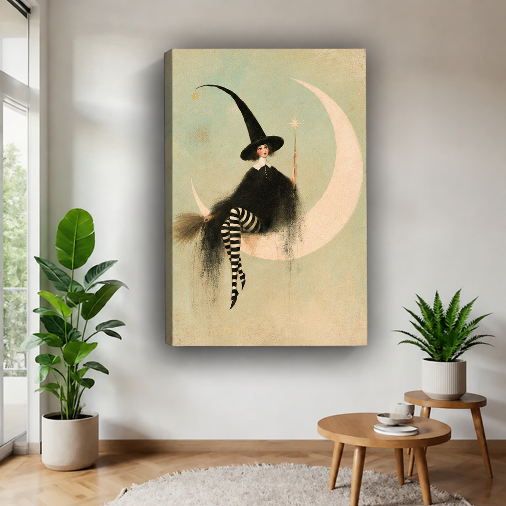 Frameless canvas of vintage witch in tall black hat and striped stockings seated on crescent moon with magic wand above round wood side table with green plants