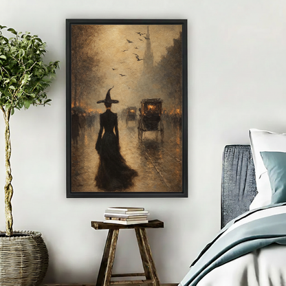 Victorian witch walking lantern-lit misty street with bats and black carriage framed canvas above rustic wood stool beside teal bed