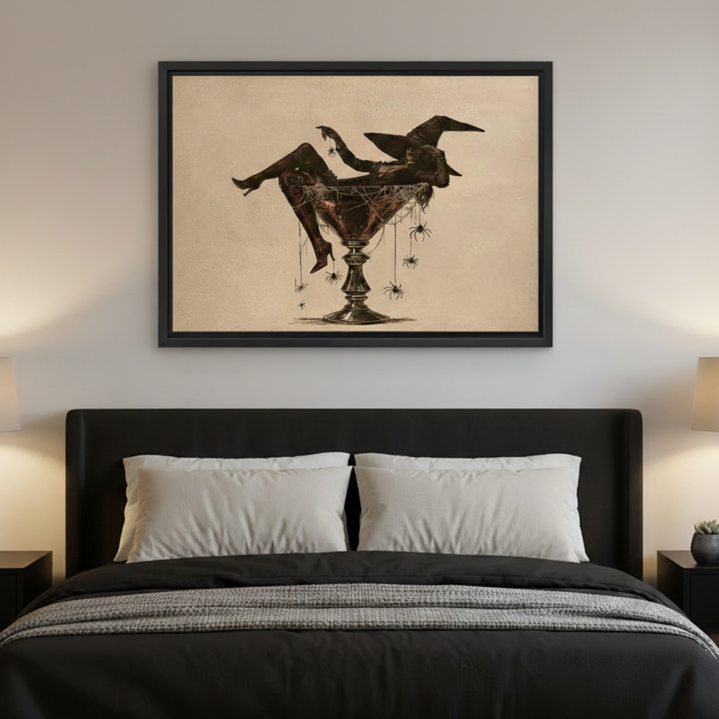 Vintage witch in martini glass spider web gothic framed canvas wall art in black float frame above dark upholstered headboard with white pillows in moody bedroom