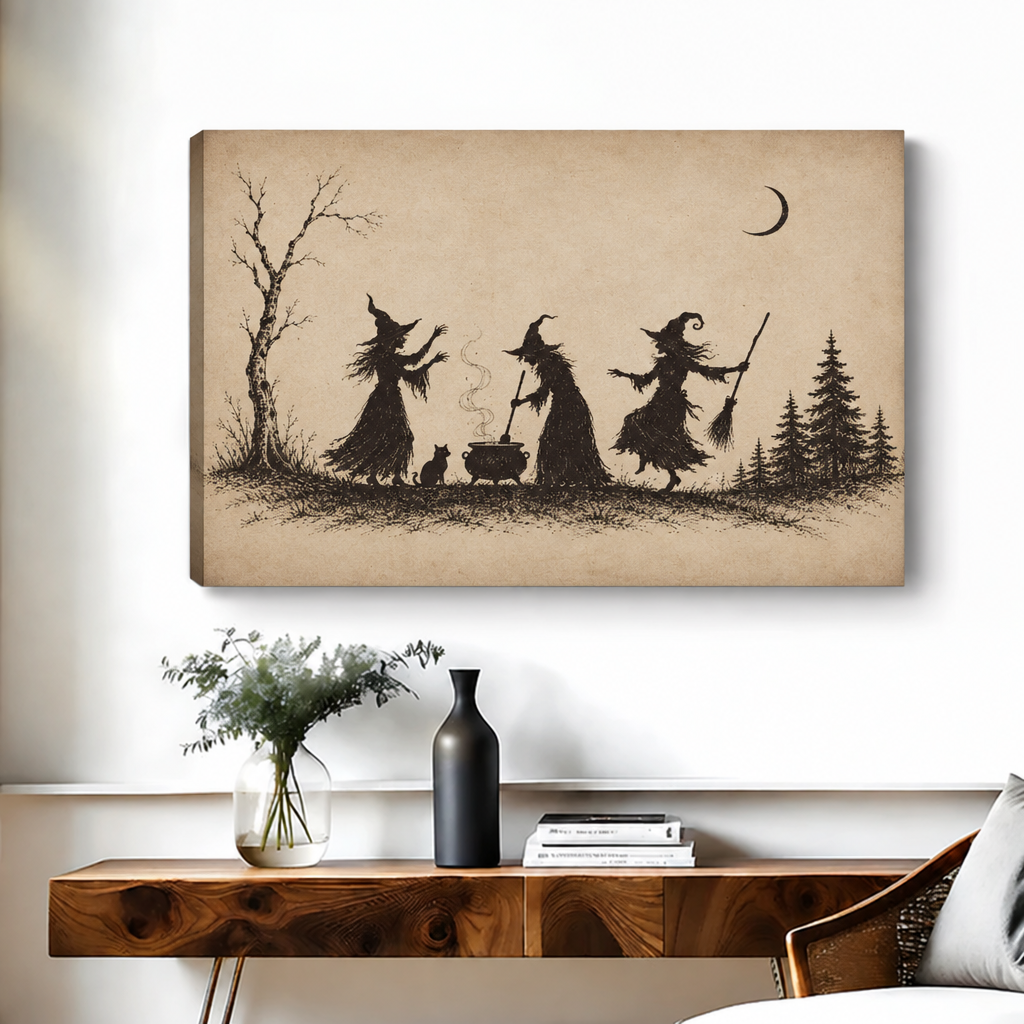 Frameless canvas of vintage sepia sketch of three witches in pointed hats around steaming cauldron with black cat crescent moon and pine forest above walnut console table