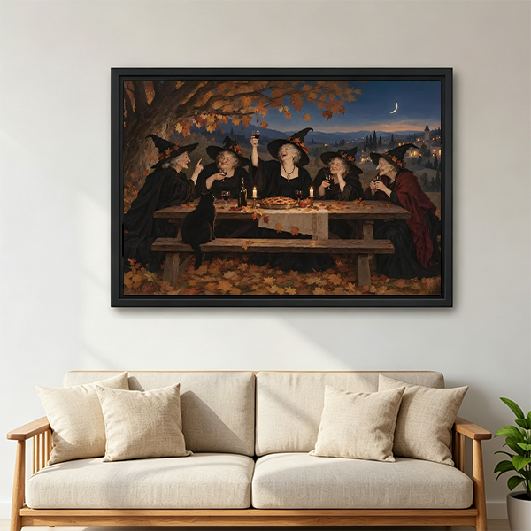 Vintage witches feast canvas wall art in a black frame above a white bed with a wooden headboard.