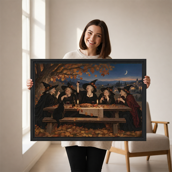 Woman holding black-framed witches feast canvas wall art showing five witches dining beneath autumn leaves and a crescent moon.