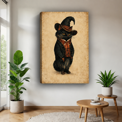 Unframed vintage wizard cat canvas wall art featuring a black cat in a pointed hat against a parchment-toned background.