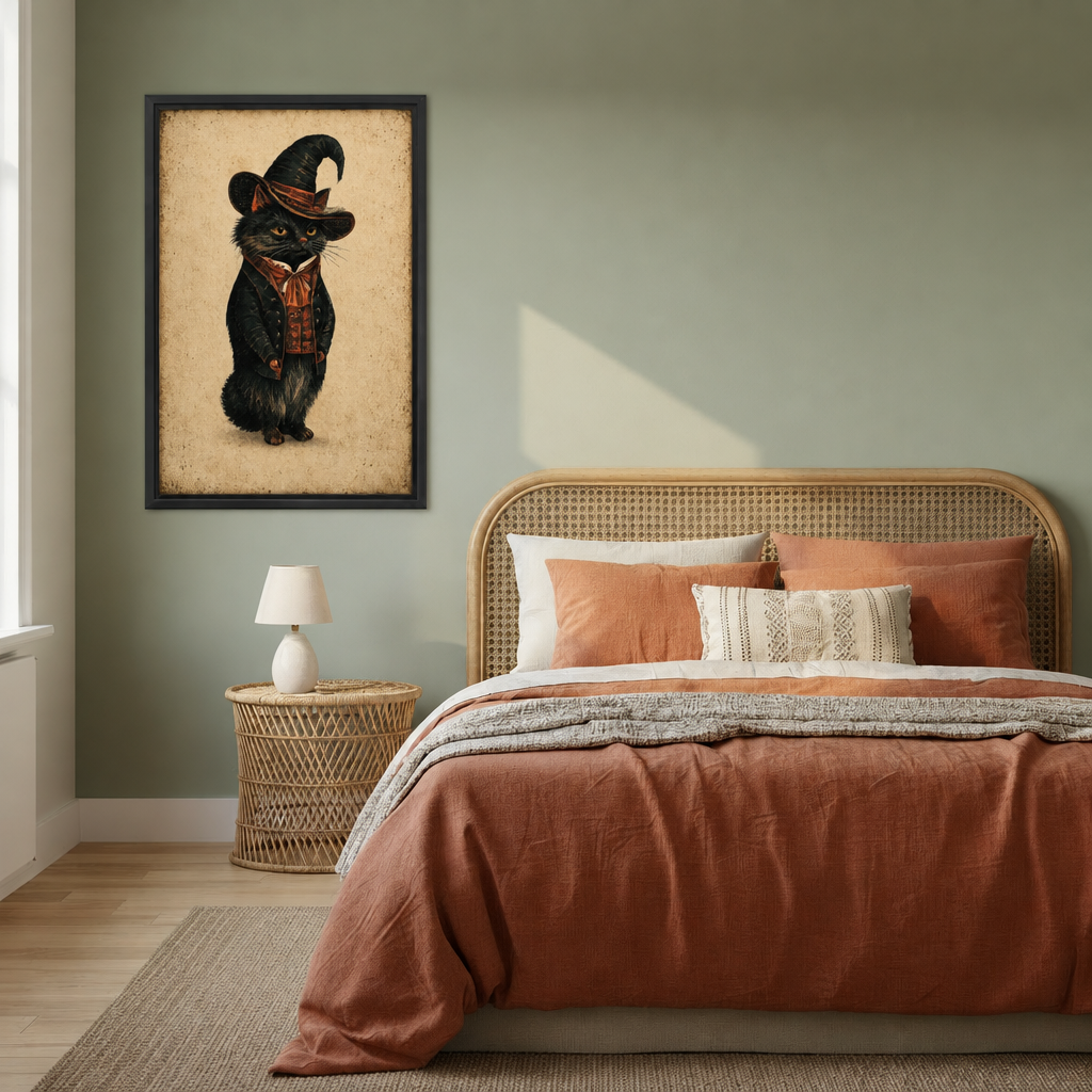 Black-framed vintage wizard cat wall art beside a rattan bed with terracotta bedding against a sage green wall.