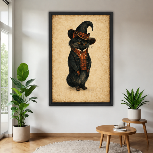 Vintage wizard cat wall art in a black frame, displayed near a bright window between potted plants.