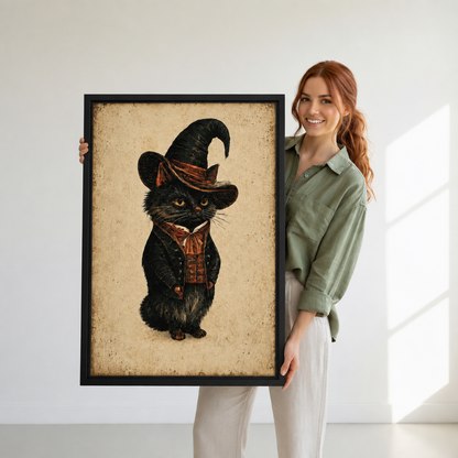Woman holding black-framed vintage wizard cat wall art featuring an amber-eyed cat wearing a dark coat and rust-colored scarf.