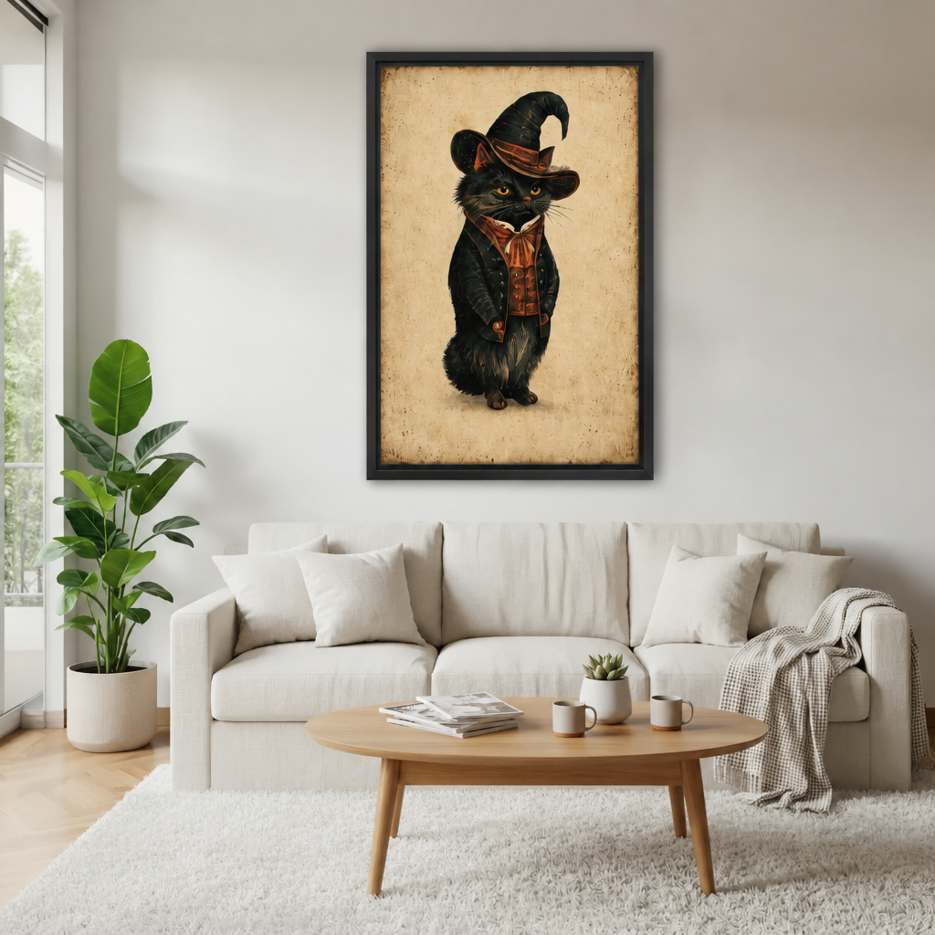 Framed vintage wizard cat wall art above a cream sofa with a wooden coffee table and leafy plant.