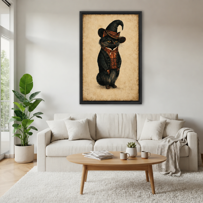 Framed vintage wizard cat wall art above a cream sofa with a wooden coffee table and leafy plant.