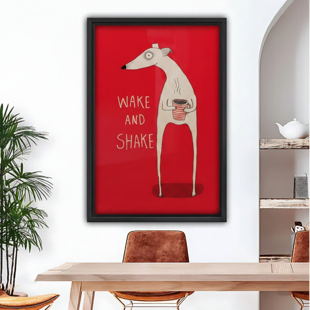 Framed Wake and Shake greyhound wall art displayed above dining table in modern home interior