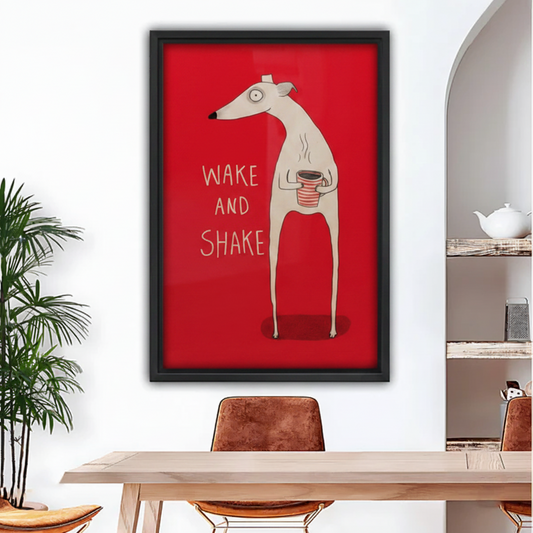 Framed Wake and Shake greyhound wall art displayed above dining table in modern home interior