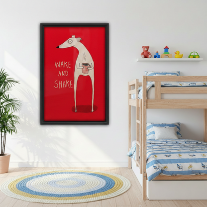 Funny Wake and Shake dog framed print in children's bedroom, quirky pop art wall decor for kids