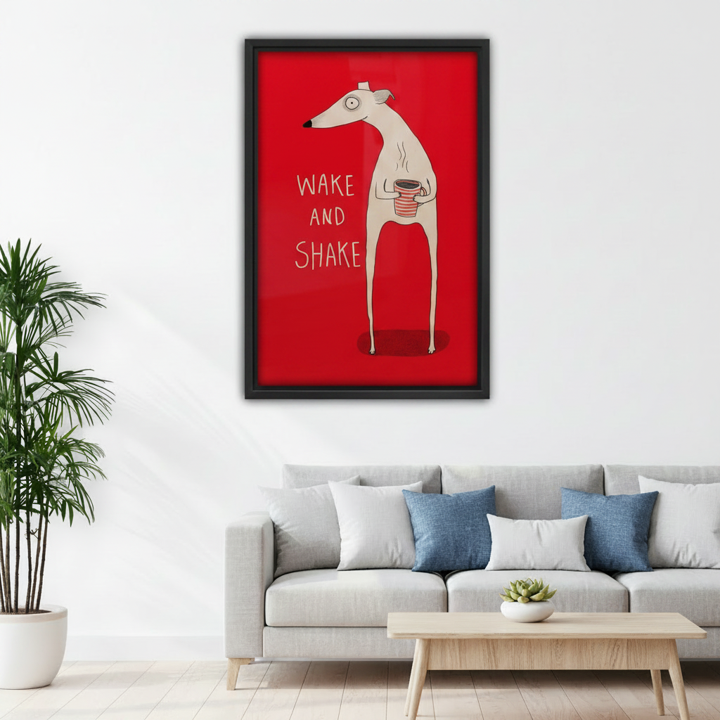 Bold red greyhound framed canvas wall art above sofa in bright modern living room