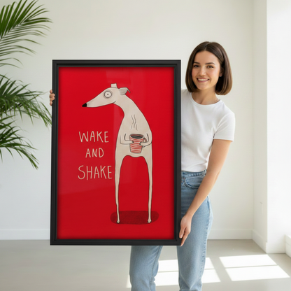Woman holding large framed Wake and Shake greyhound pop art canvas print, size reference