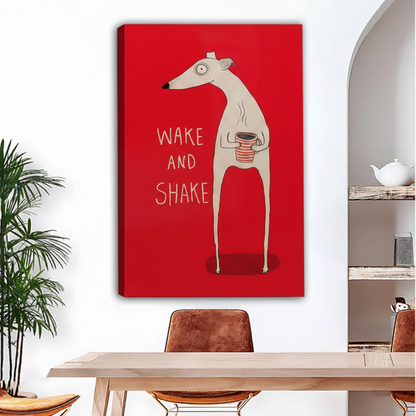 Wake and Shake greyhound pop art canvas print, unframed bold red dog wall art