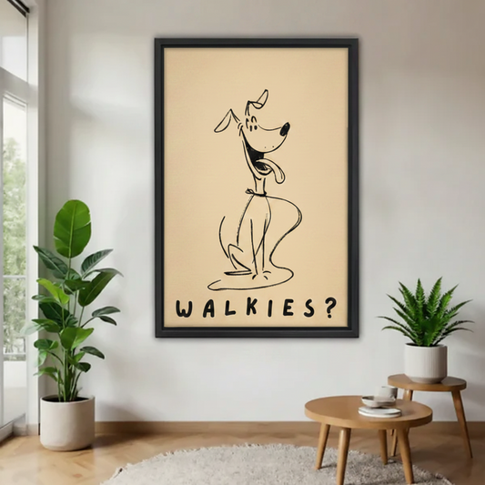 Framed funny dog line drawing poster with Walkies lettering on a warm beige background hung on a white wall between two tropical potted plants