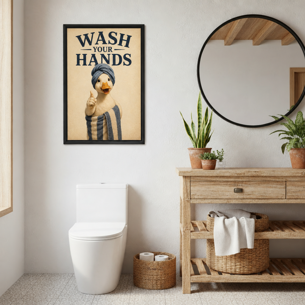 Framed wash your hands duck canvas wall art hanging beside a round mirror and potted plants in a bathroom.