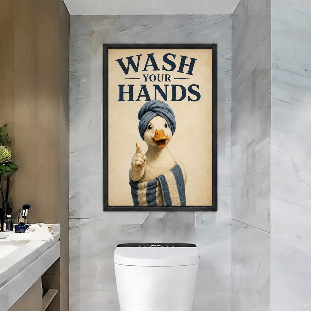 Framed wash your hands duck canvas wall art hanging on a marble bathroom wall above the toilet.