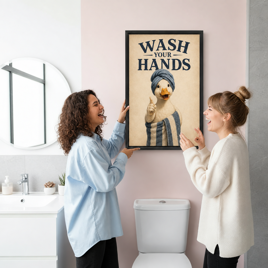 Two women hanging framed wash your hands duck canvas wall art on a bright pink bathroom wall.