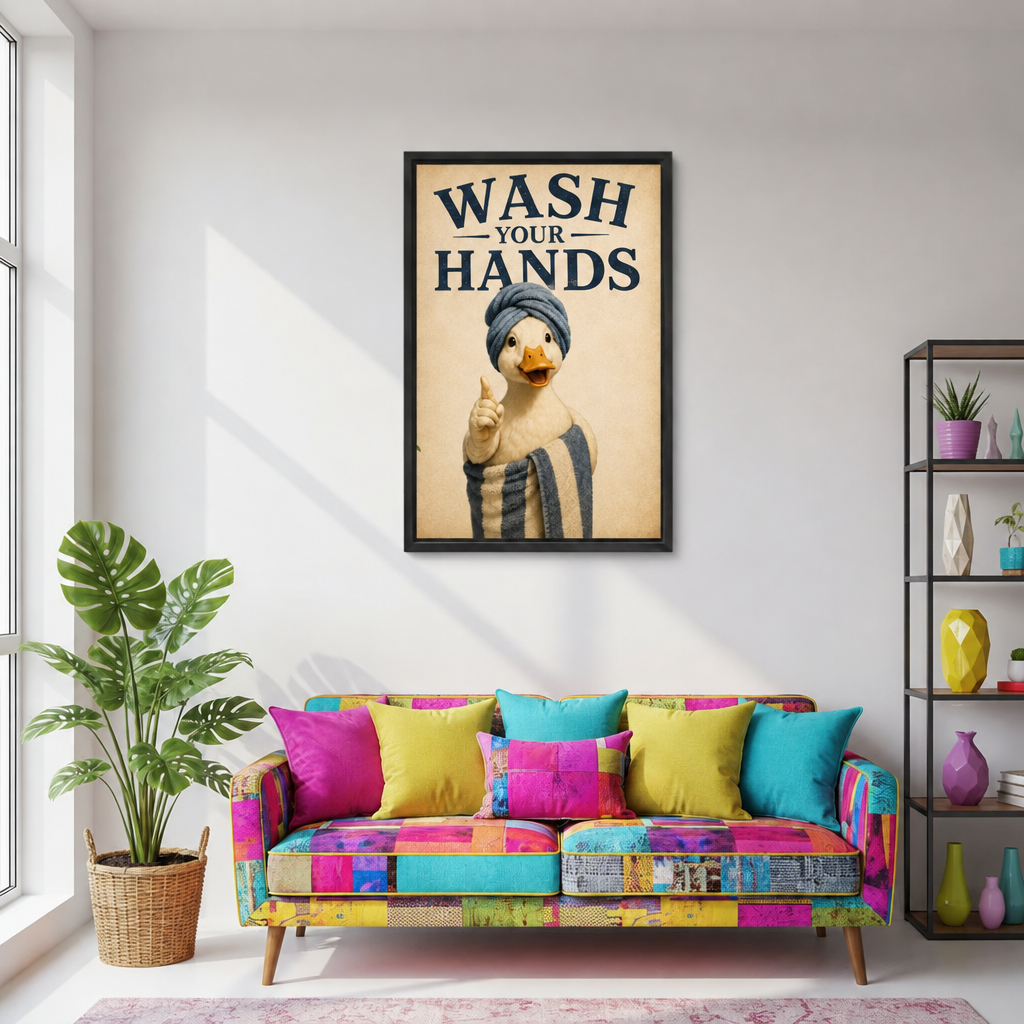 Framed wash your hands duck canvas wall art displayed above a colorful patchwork sofa in a living room.