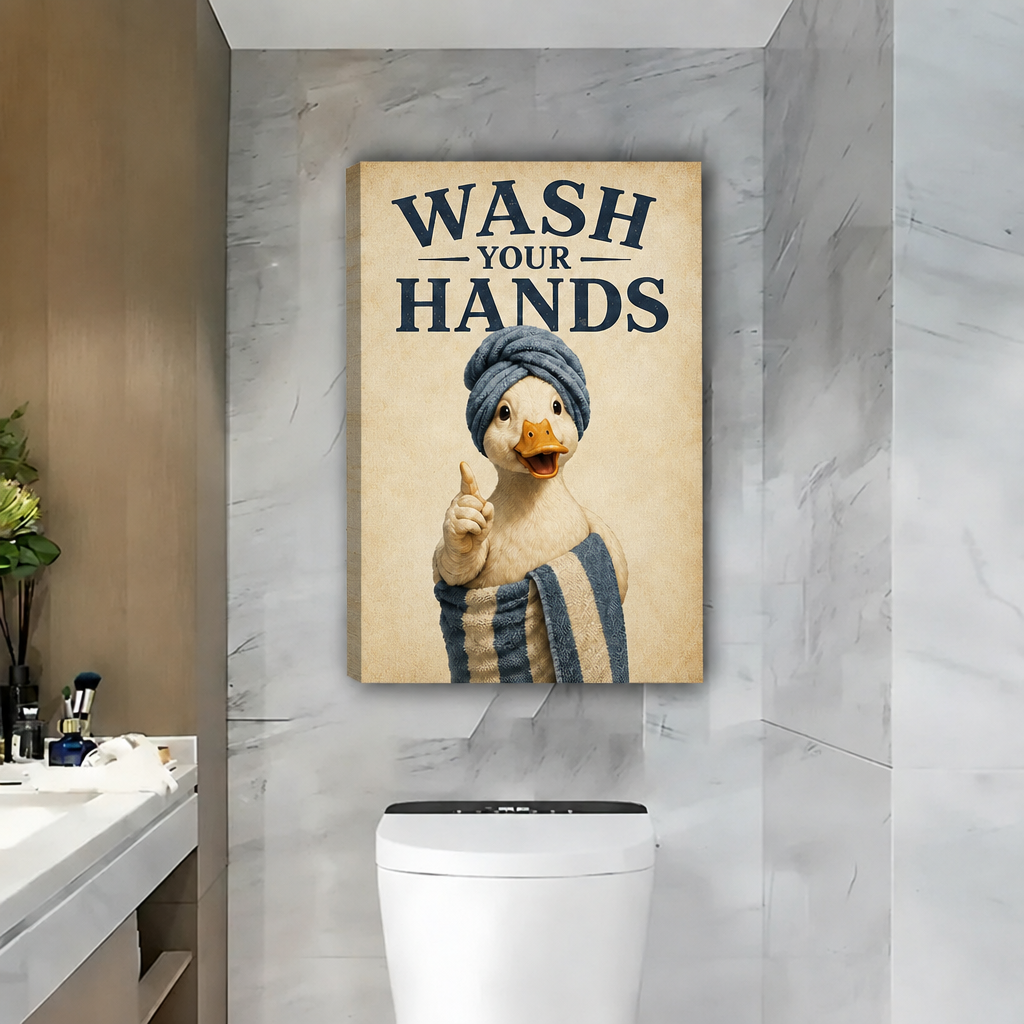 Unframed gallery-wrap wash your hands duck canvas wall art displayed on a marble bathroom wall above the toilet.