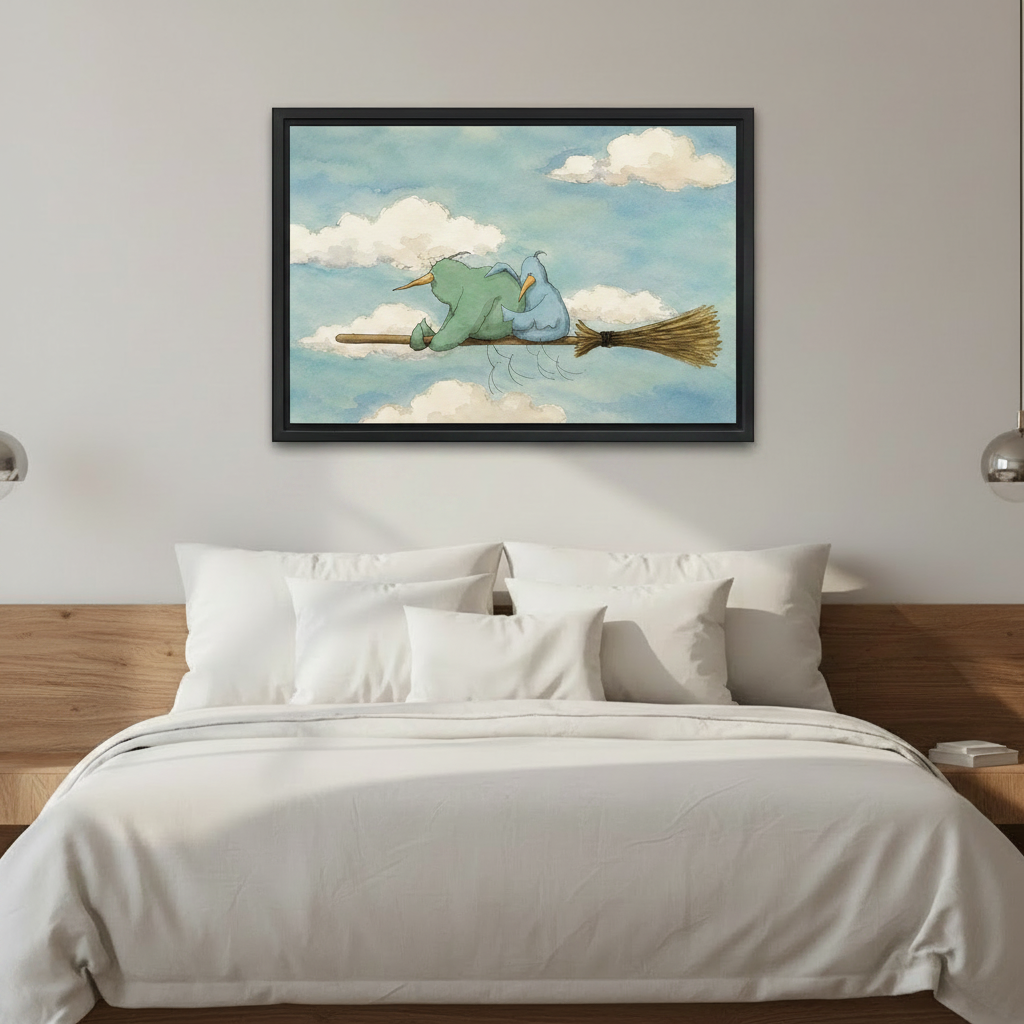 Watercolor whimsical birds on broomstick canvas print in room display, green and blue bird wall art perfect for nursery or bedroom